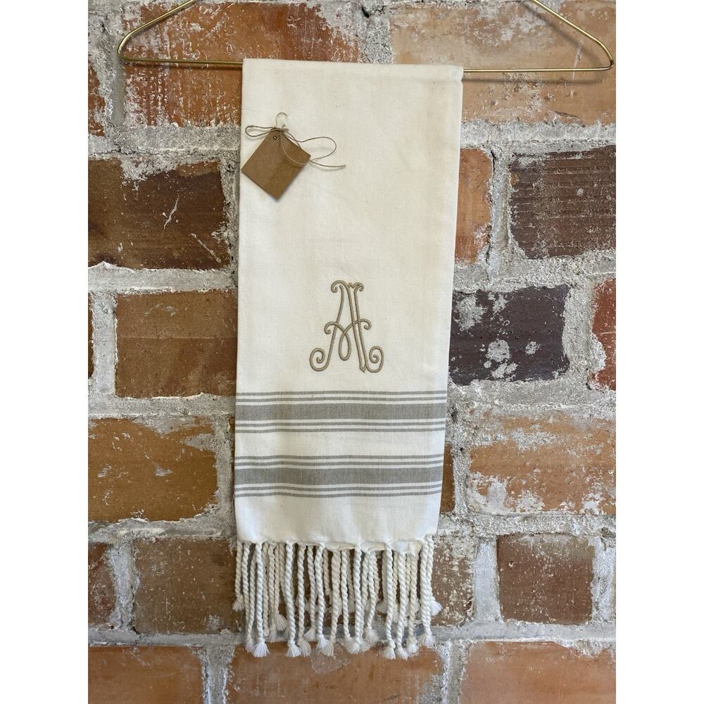 Turkish Cotton Kitchen Hand Towel Monogram Embroidered Letter A Neutral‎